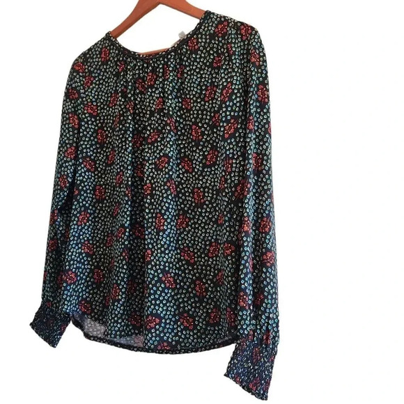 LOFT Blouse Top Womens Medium Black Geo Floral Print Keyhole Round Neck Pullover - Picture 6 of 7